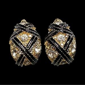 Vintage Clip On Earrings Gold Tone Black Enamel Rhinestone Inlay Chunky
